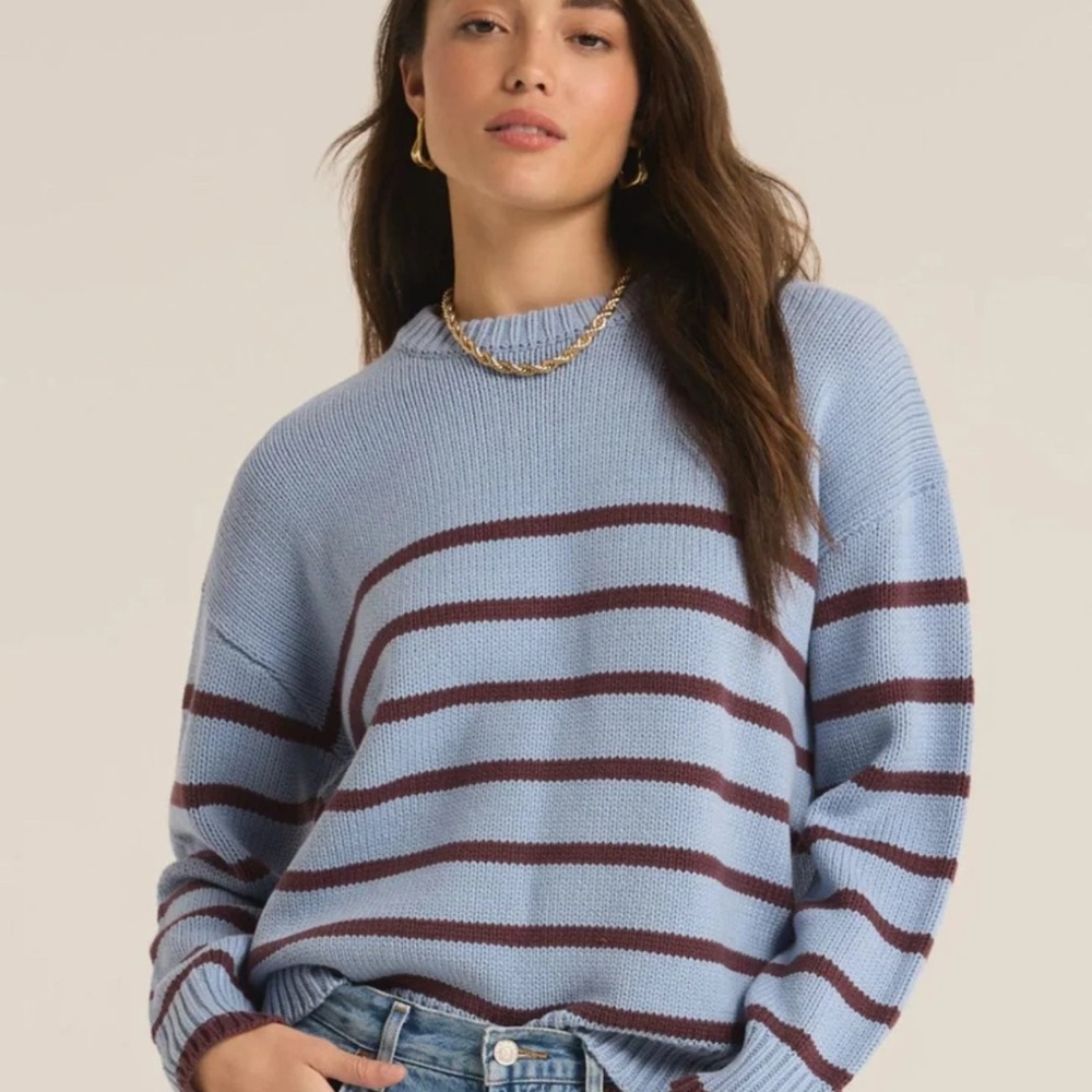 Z Supply Blue and Brown Crew Neck Sweater
